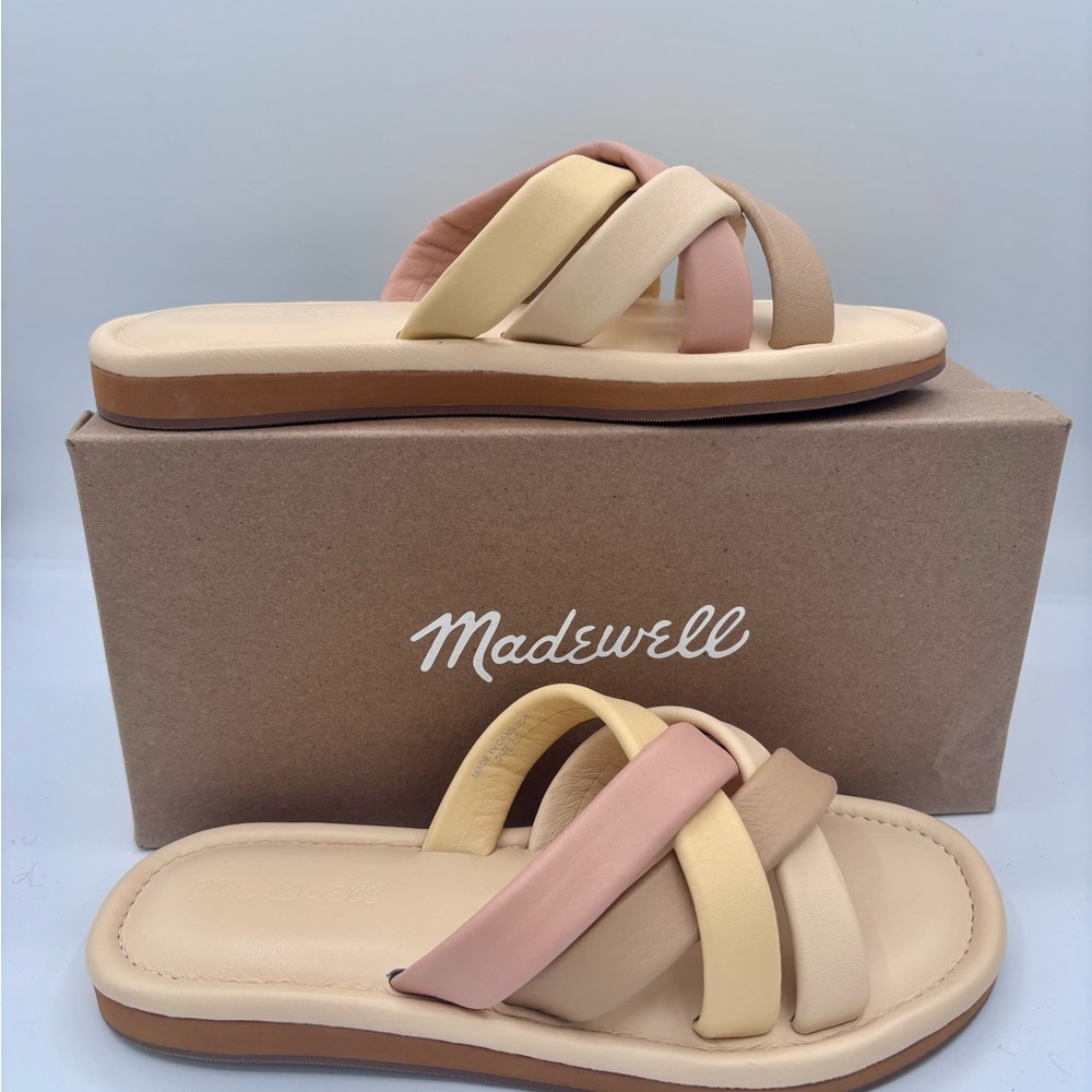 Madewell Women's Cream and Pink Slide Sandals. Cushioned sole. I